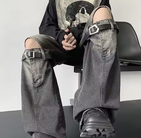 Jean Washed Black Baggy Wide Leg Knee Strap Jeans Size US 31 - 3 Thumbnail