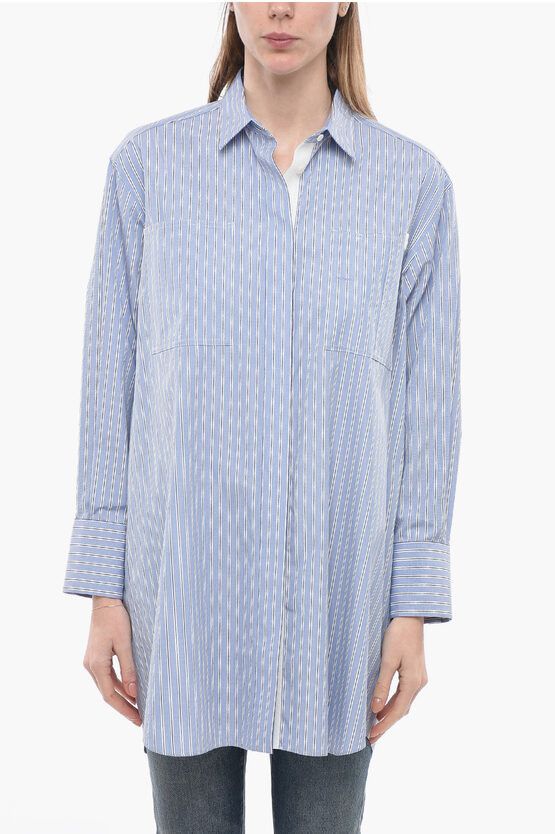 image of Sacai Popeline Cotton Long Shirt With Balanced Stripe Motif in Light Blue, Women's (Size Medium)