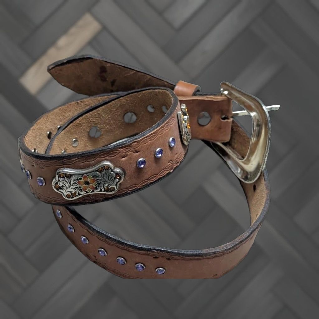 VINTAGE HANDCRAFTED Western Belt Unisex Adults 32 Brown Tooled Rhinestone Studded Cowboy Buckle Belt Western 90s