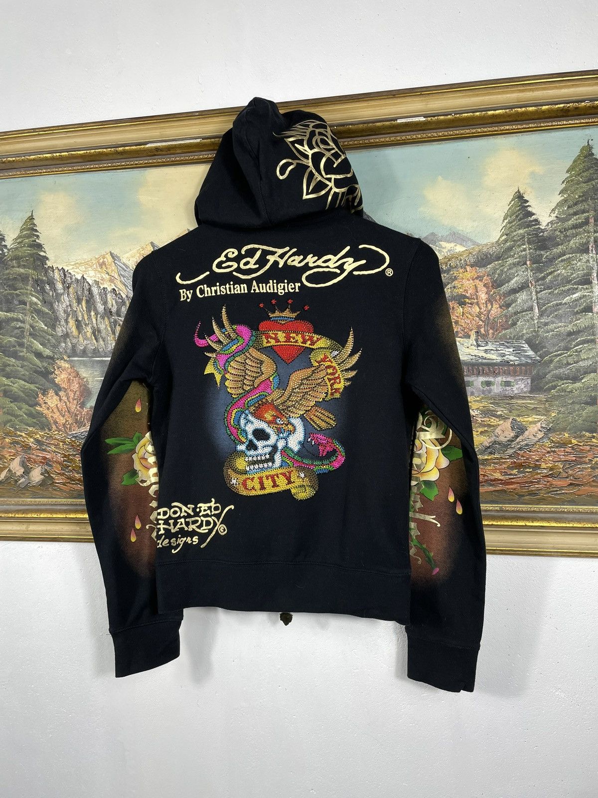Christian Audigier × Ed Hardy × Vintage Ed Hardy Retro 00s Hoodie With Crystals Affliction Grunge Size US XS / EU 42 / 0 - 6 Thumbnail