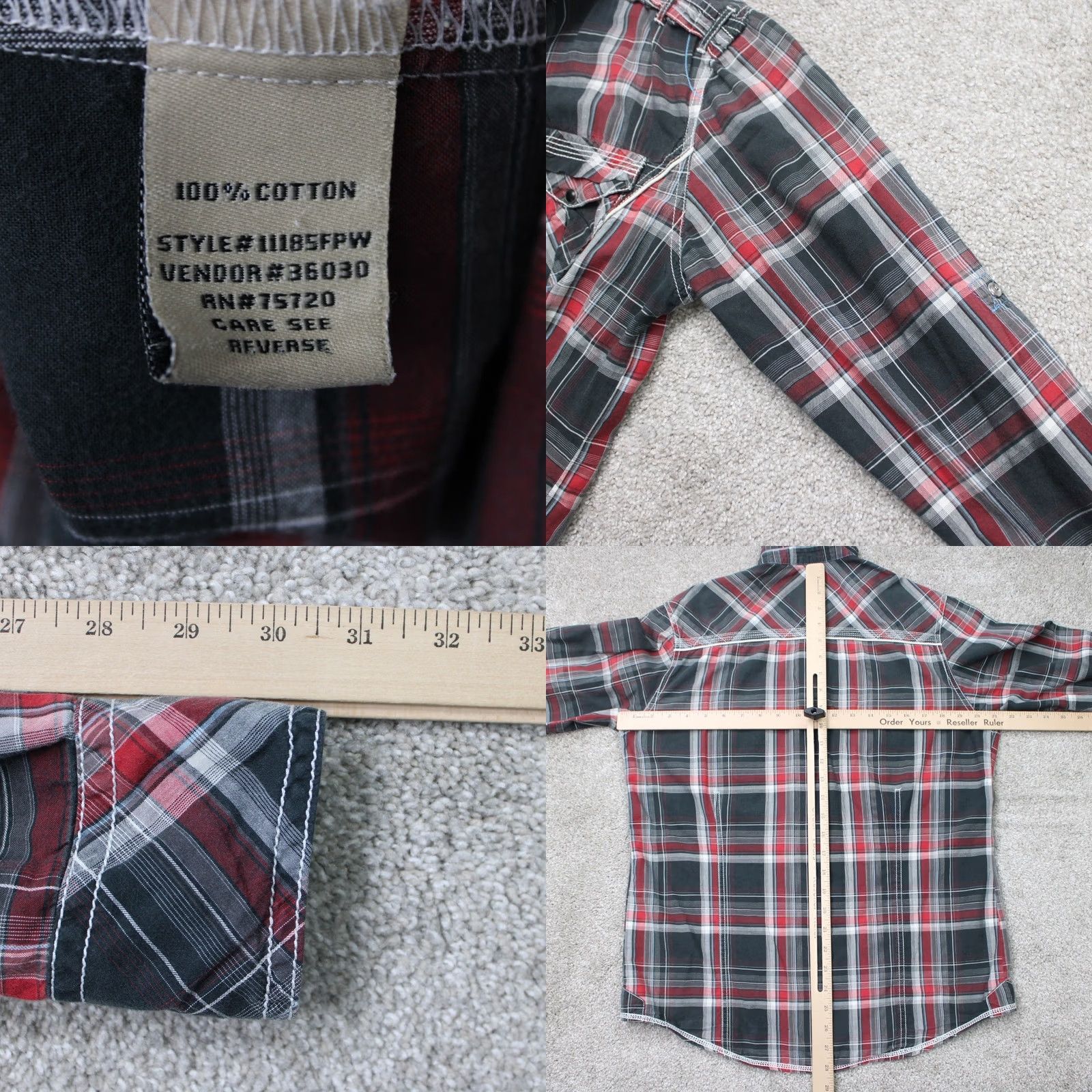 BKE BKE Pearl Snap Shirt Mens Small Red/Black Plaid Athletic Fit Cotton Long Sleeve Size US S / EU 44-46 / 1 - 8 Thumbnail