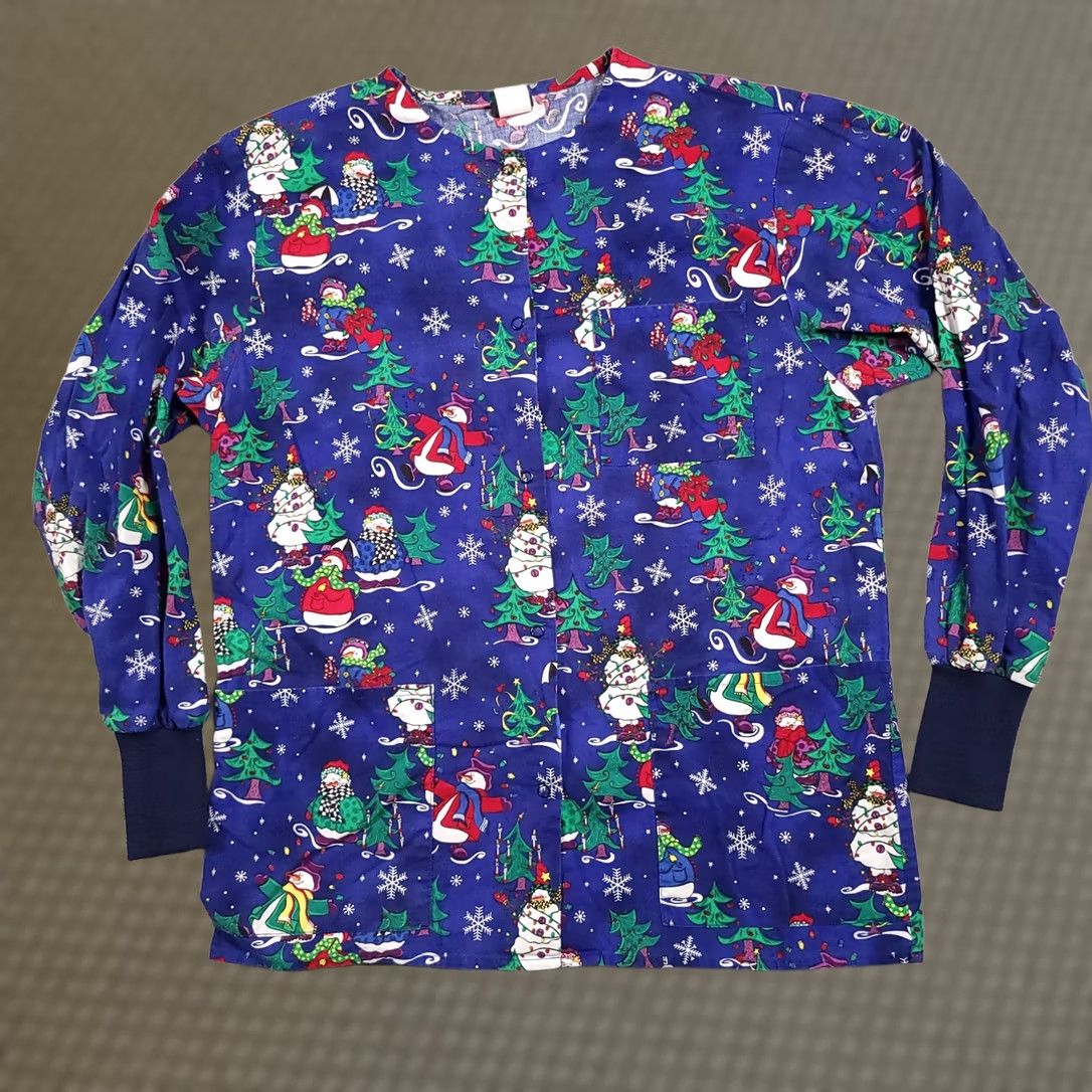 Vintage VINTAGE Barco Scrub Shirt Women’s Small Blue Long Sleeve Snowman Winter Snap Pockets Womens Scrub Shirt Size S / US 4 / IT 40 - 1 Thumbnail