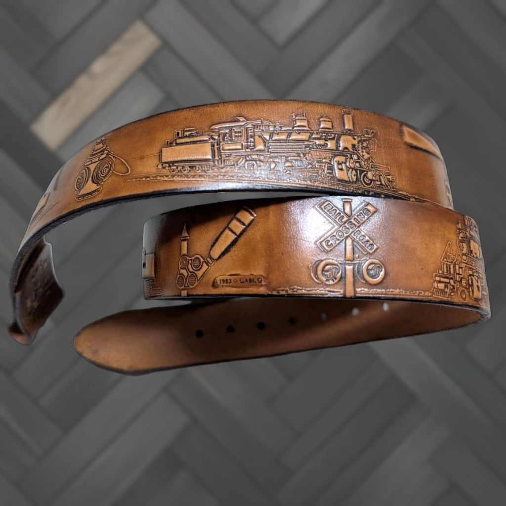 Vintage VINTAGE vintage USA made TOOLED buckle belt TRAINS locomotives 38 brown WESTERN leather Size 38 - 1 Thumbnail