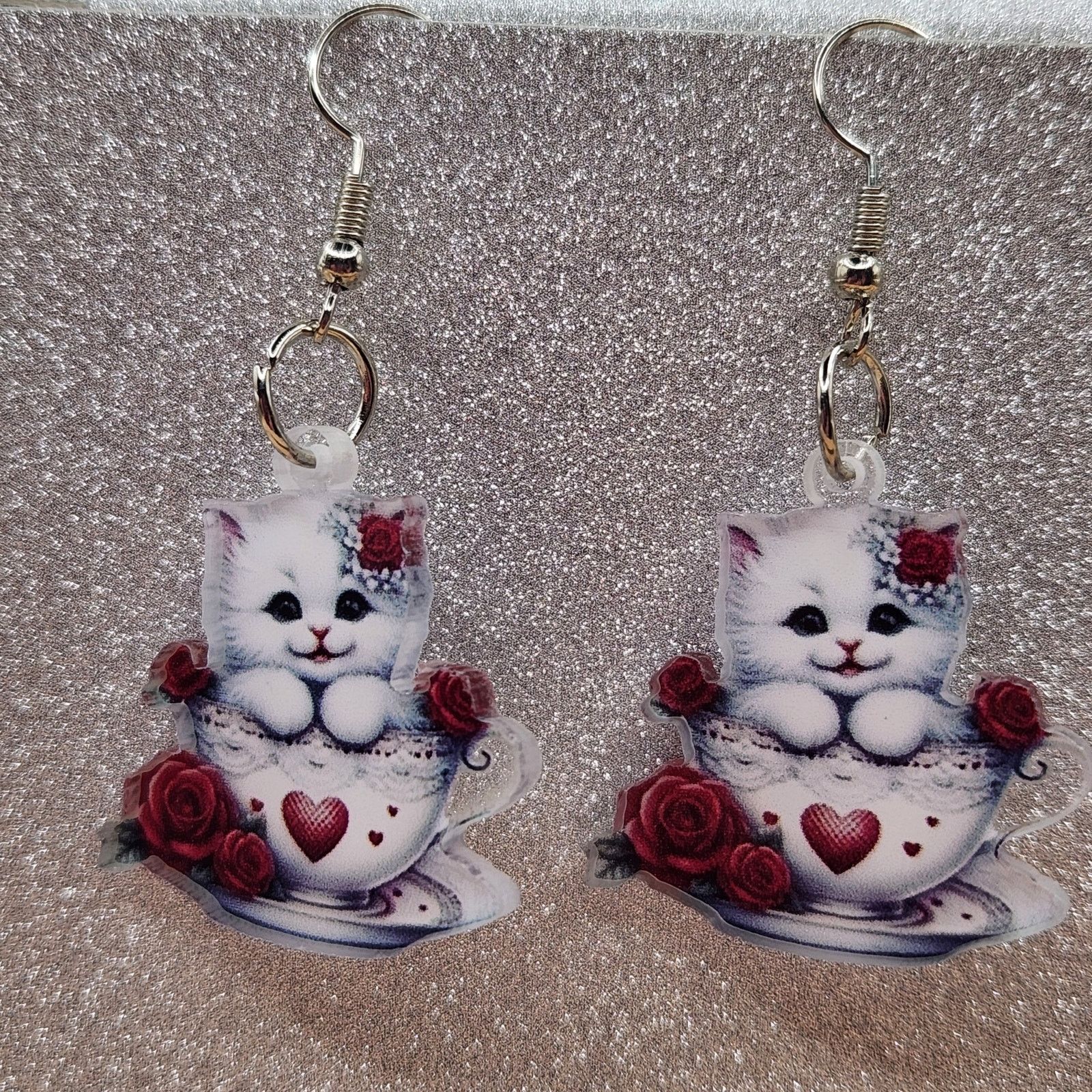 Other White Cat in Teacup Acrylic Earrings with Red Roses Size ONE SIZE - 6 Thumbnail