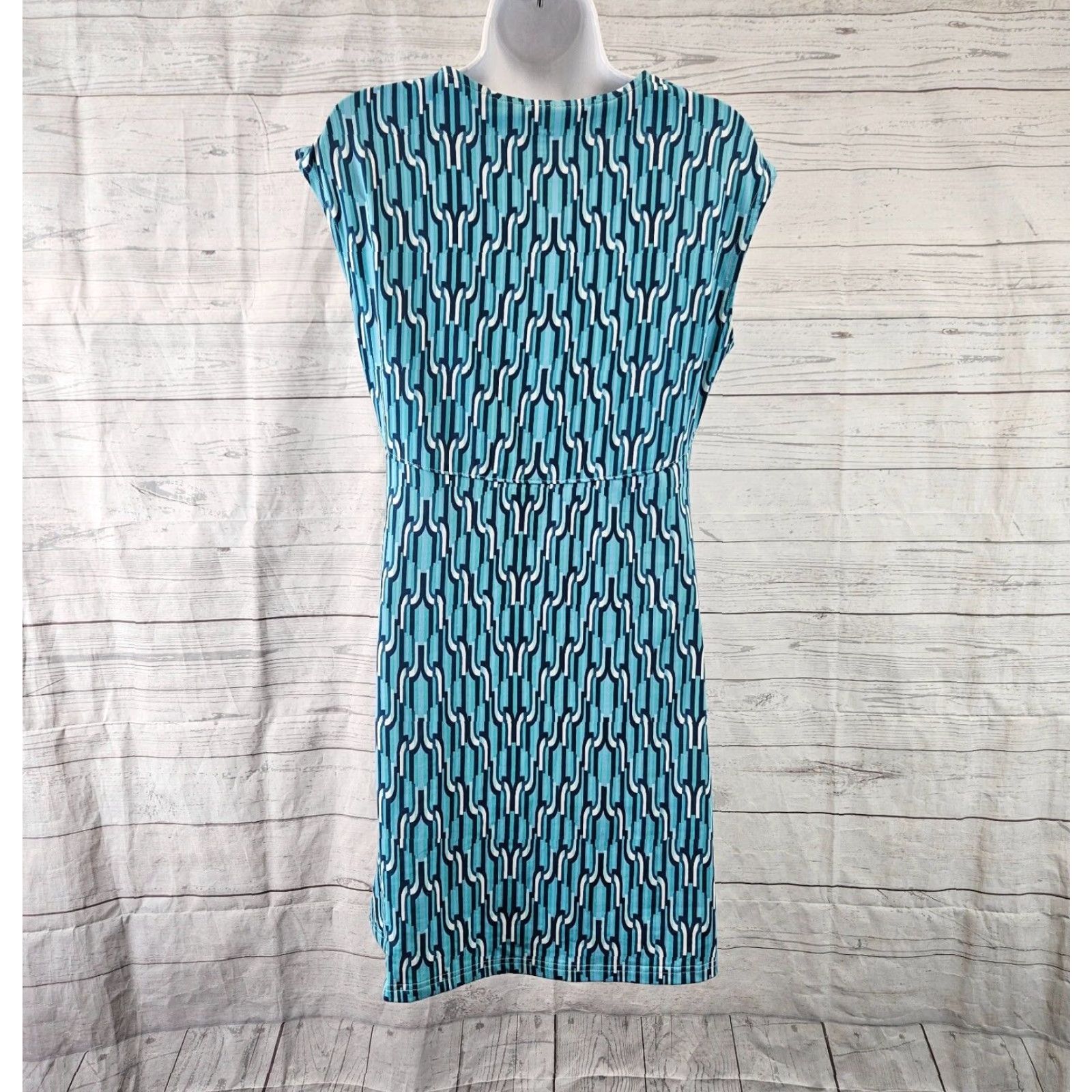 Vintage Title Nine Womens Printed Dress Sz Medium Blue White Scoop Neck Dress of A-Line Pattern: Geometric Ladies Medium Blue Womens Size M / US 6-8 / IT 42-44 - 4 Thumbnail