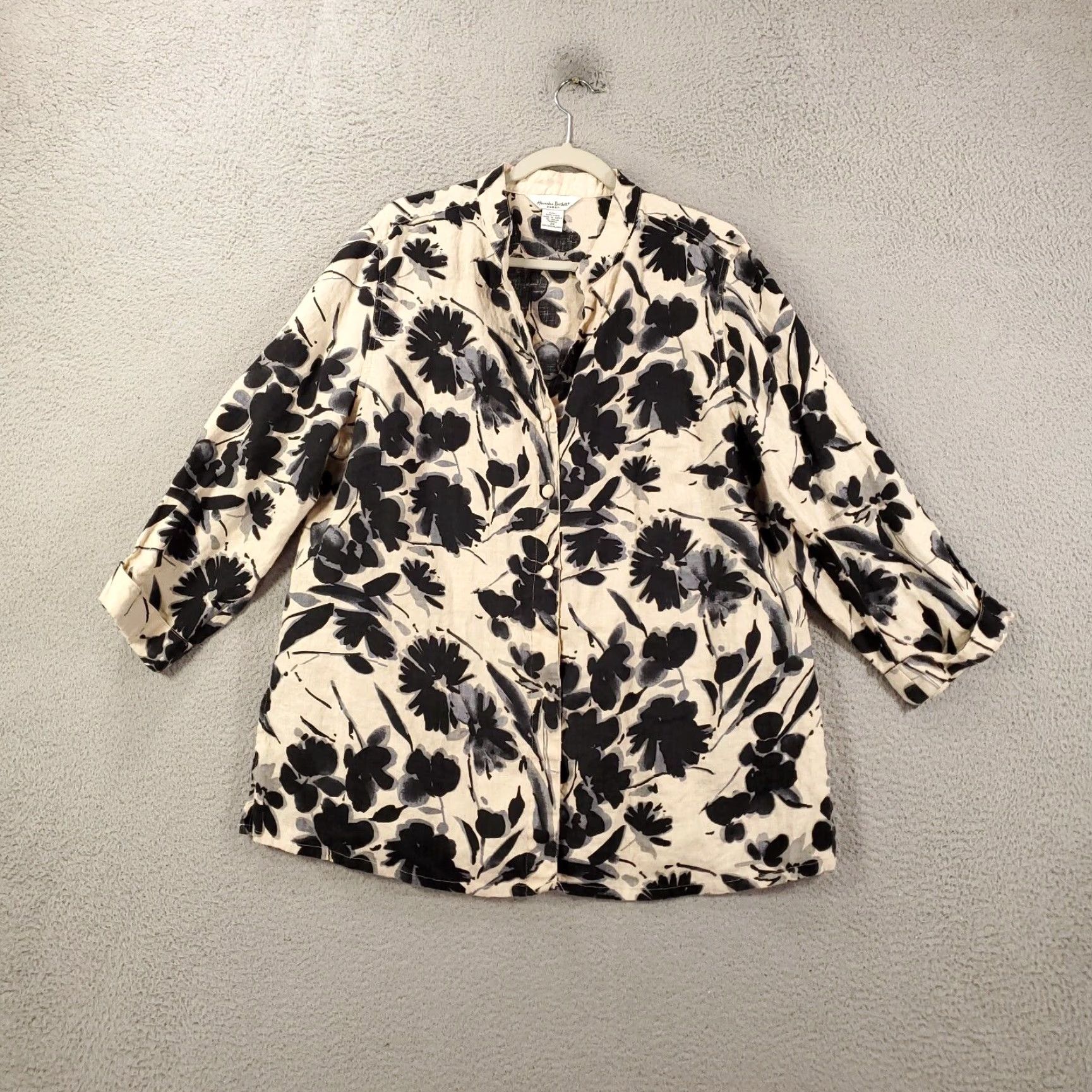 Vintage Womens Linen Jacket 2X Beige Floral Bold Button Up Artsy Alexandra Bartlett Size XXL / US 16-18 / IT 52-54 - 2 Thumbnail