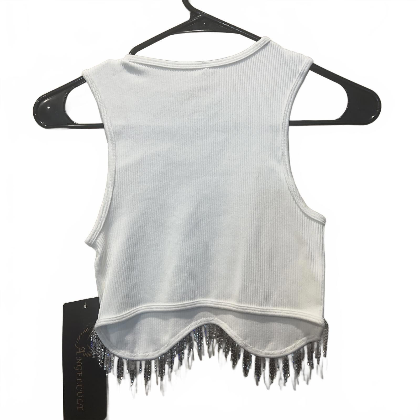 Other NWT Angelcult White Ribbed Crop Top with Rhinestone Fringe Size S / US 4 / IT 40 - 2 Thumbnail
