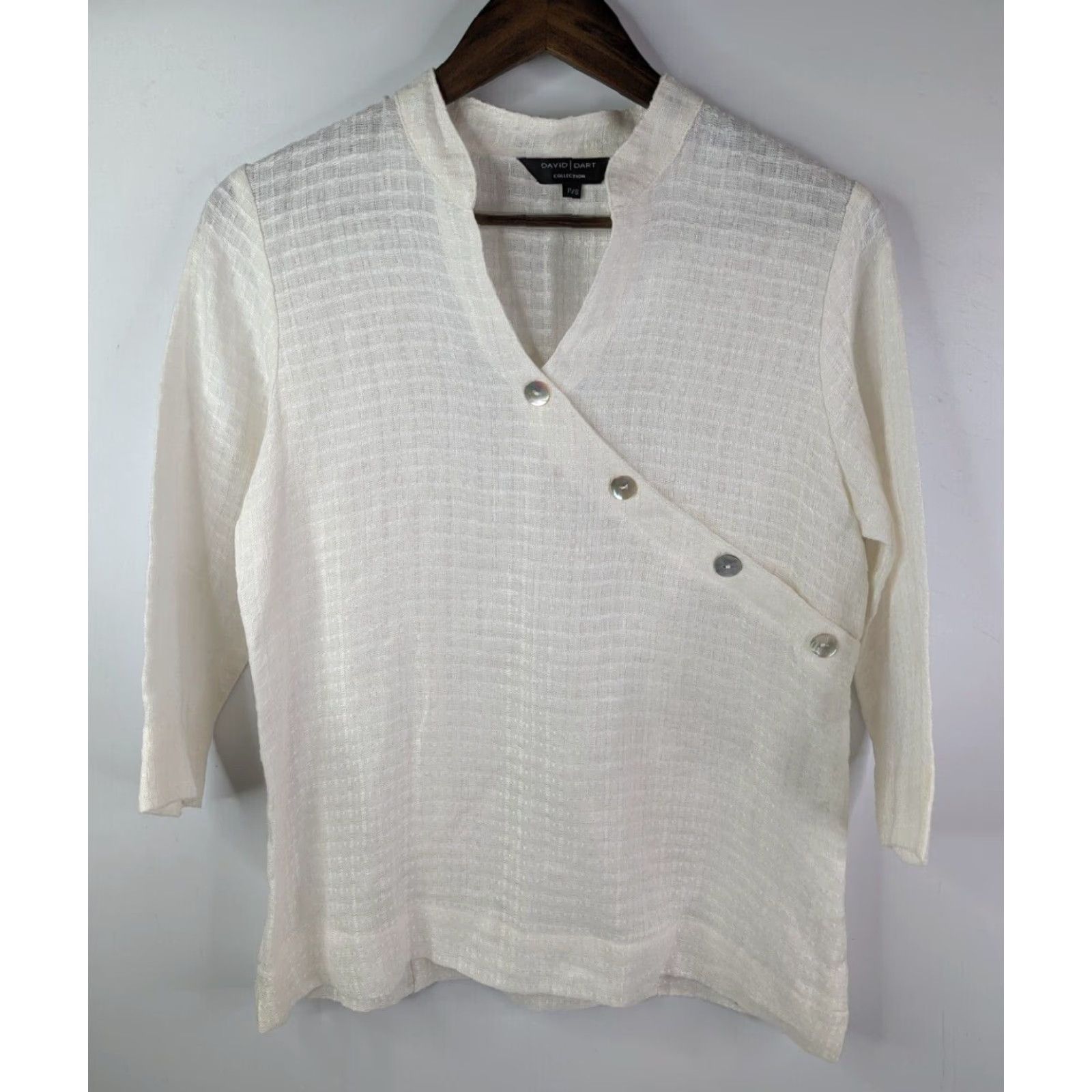 Vintage David Dart Shirt Women's Petite Small USA Ivory Linen Waffle Pattern Tunic Blouse Long Sleeve Collared Pockets Size S / US 4 / IT 40 - 2 Thumbnail