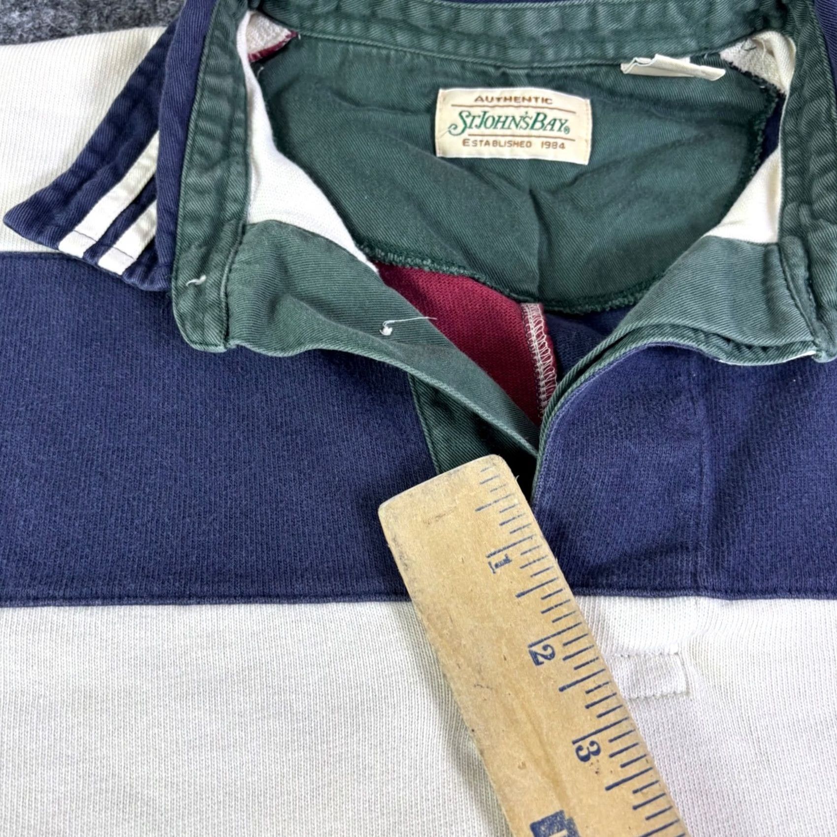 Vintage St Johns Bay Mens Large Rugby Shirt Long Sleeve Striped Navy Burgundy Cotton Shirts Size US L / EU 52-54 / 3 - 5 Thumbnail