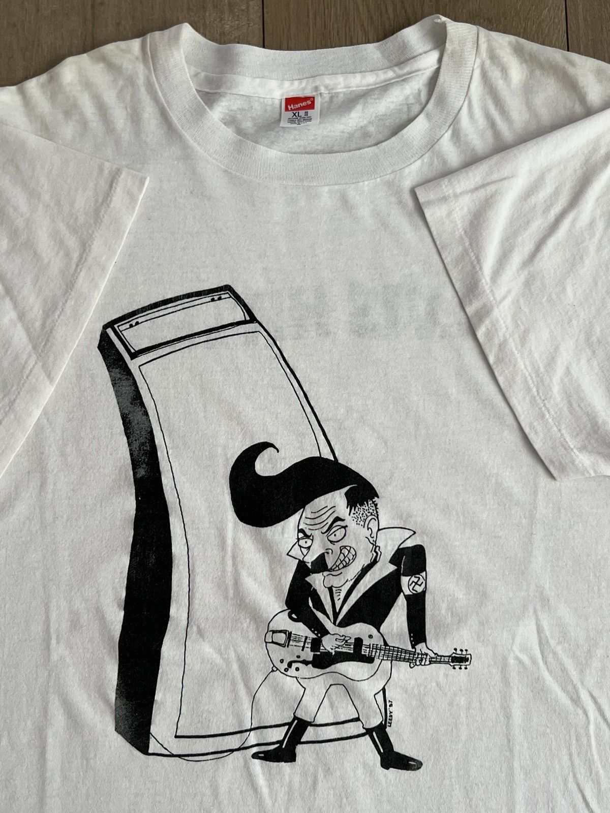 image of Art 1987 Single Stitch Elvis Hitler Vintage White Graphic Tee, Men's (Size XL)