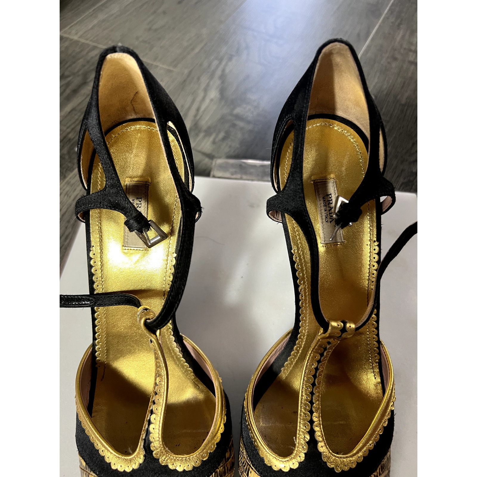 Prada Prada Sandals black satin gold python heels 40.5 10.5 Size US 10.5 / IT 40.5 - 3 Thumbnail