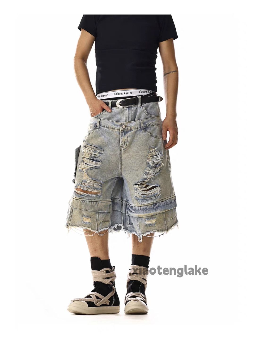 Designer × Jean × Vintage Utility skate hiphop loose baggy patchwork ripped shorts Size US 30 / EU 46 - 3 Thumbnail