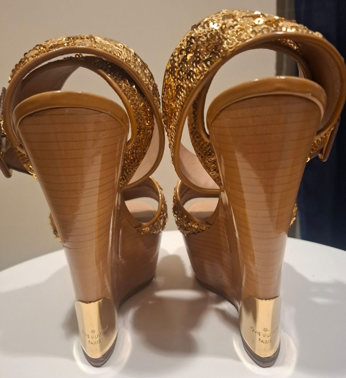 Louis Vuitton Louis Vuitton Gold Sequins Platform Wedge Ankle Wrap Sandals Size US 6 / IT 36 - 2 Thumbnail