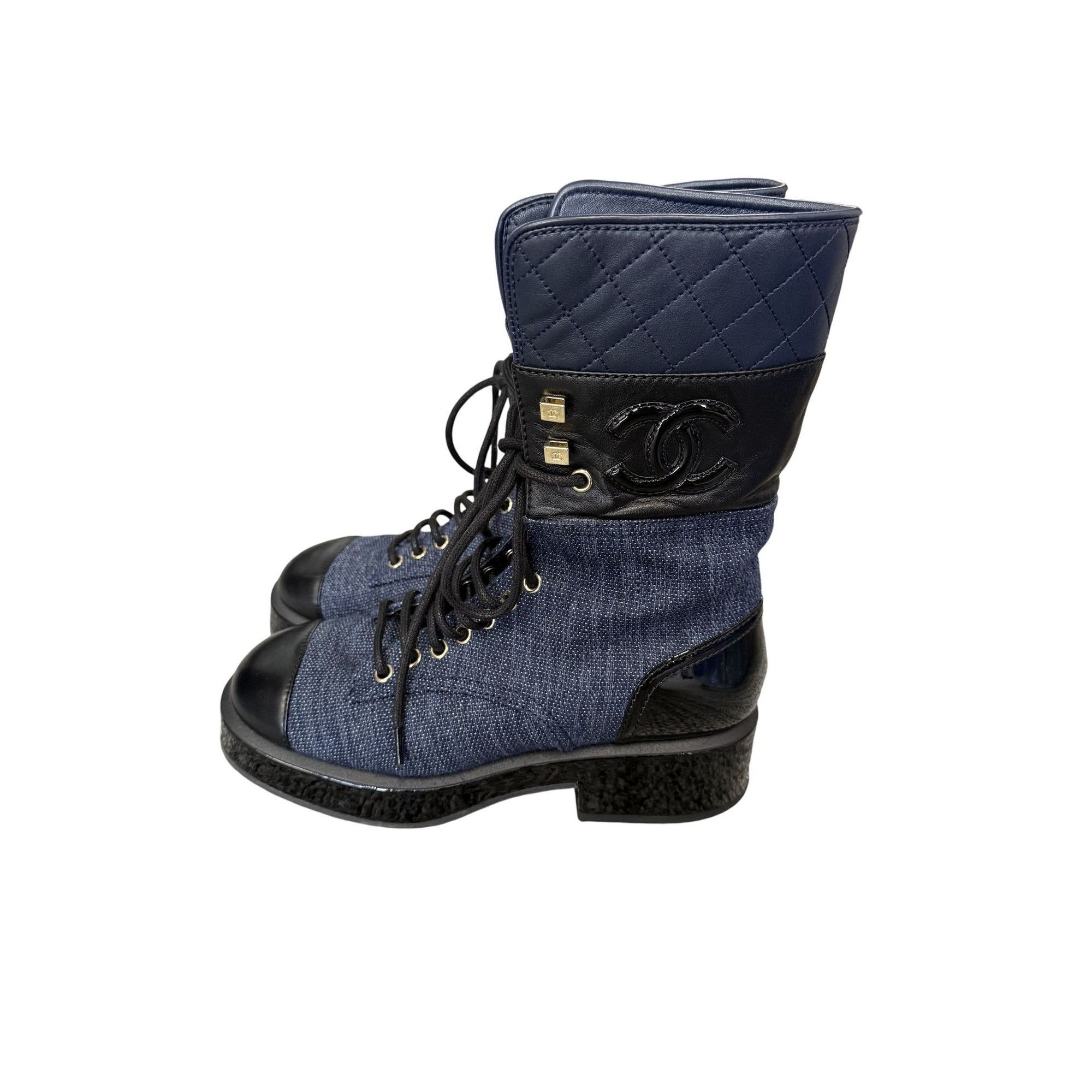 Chanel Chanel Womens Blue Denim & Black Patent Leather Combat Boots Size XS / US 0-2 / IT 36-38 - 3 Thumbnail