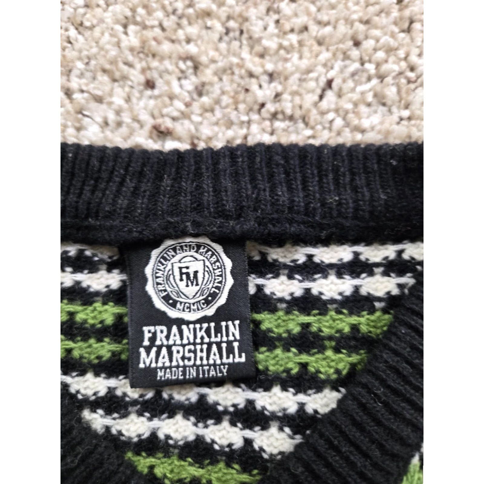 Franklin & Marshall Franklin Marshall Sweater Mens Large Green Black Wool V Neck Knit Made In Italy Size US L / EU 52-54 / 3 - 5 Thumbnail