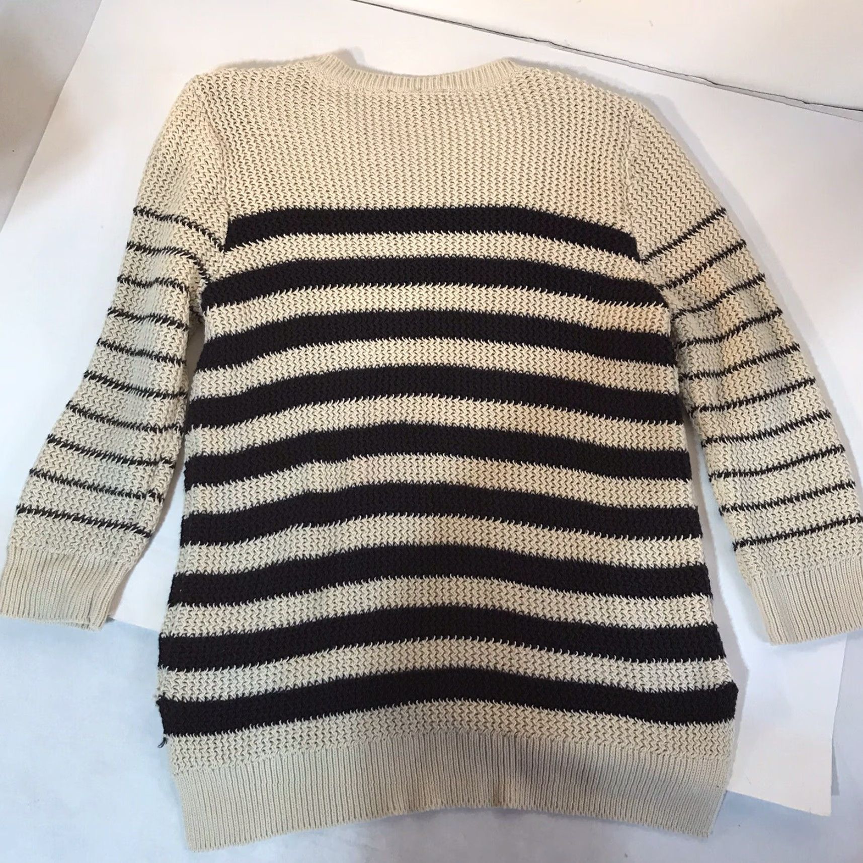Ann Taylor Ann Taylor Striped Open Knit Sweater Womens Size L Beige/Black 3/4 Sleeve Lightweight Casual Workwear Size L / US 10 / IT 46 - 4 Thumbnail