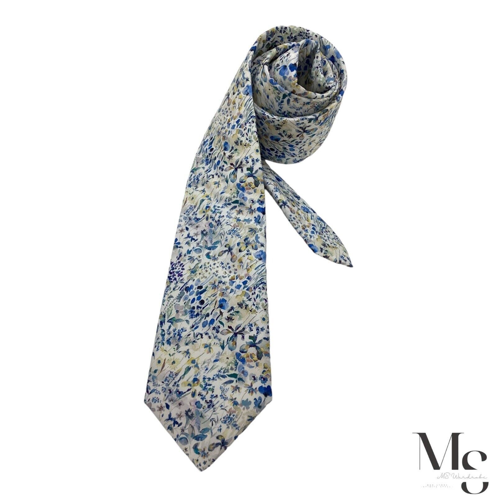 Charles Tyrwhitt CHARLES TYRWHITT Off White & Blue Floral Silk Tie Made Italy Size ONE SIZE - 1 Thumbnail