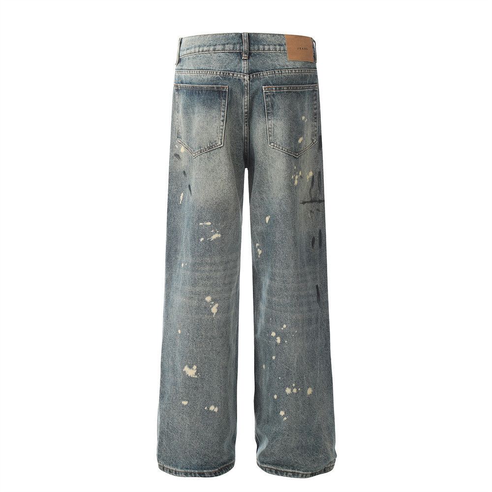 Jean Men's retro distressed casual ink-splashed straight jeans Size US 32 / EU 48 - 2 Thumbnail