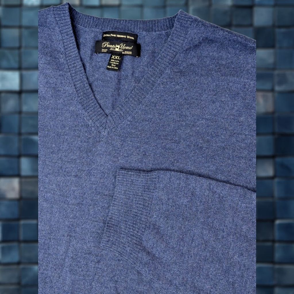Pronto Uomo Pronto Uomo Sweater Shirt 2XL Blue Merino Wool V-Neck Pullover, Regular Fit, Long Sleeve, Knitted Knit, 90s Classic, Designer, Preppy, Mens Size US XXL / EU 58 / 5 - 1 Thumbnail