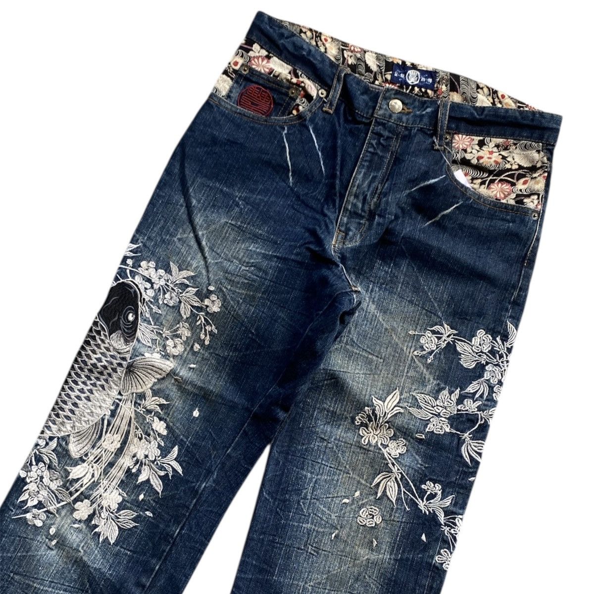 Japanese Brand 🔥RARE🔥 Japanese Full Embroided Koi Karakuri Sukajan Jeans Size US 33 - 4 Thumbnail