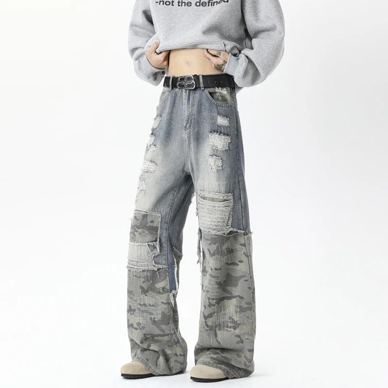 Japanese Brand × Jean Camouflage wide jeans ripped patchwork Size US 31 - 5 Thumbnail