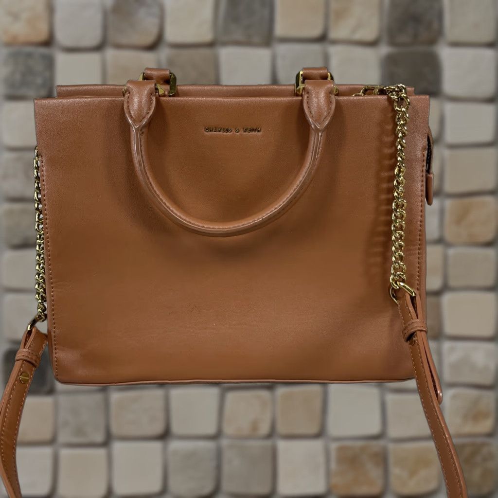 Vintage CHARLES & KEITH Bags Womens Small Harper Geometric Satchel/Top Handle Bag Brown Leather Zip Size S / US 4 / IT 40 - 1 Thumbnail