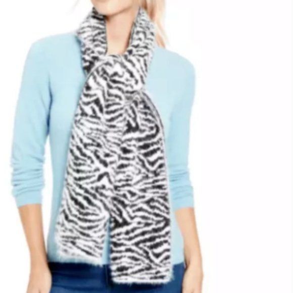 DKNY DKNY Fuzzy Animal Print Knit Scarf , Black/ White 12"x67" Size ONE SIZE - 1 Thumbnail