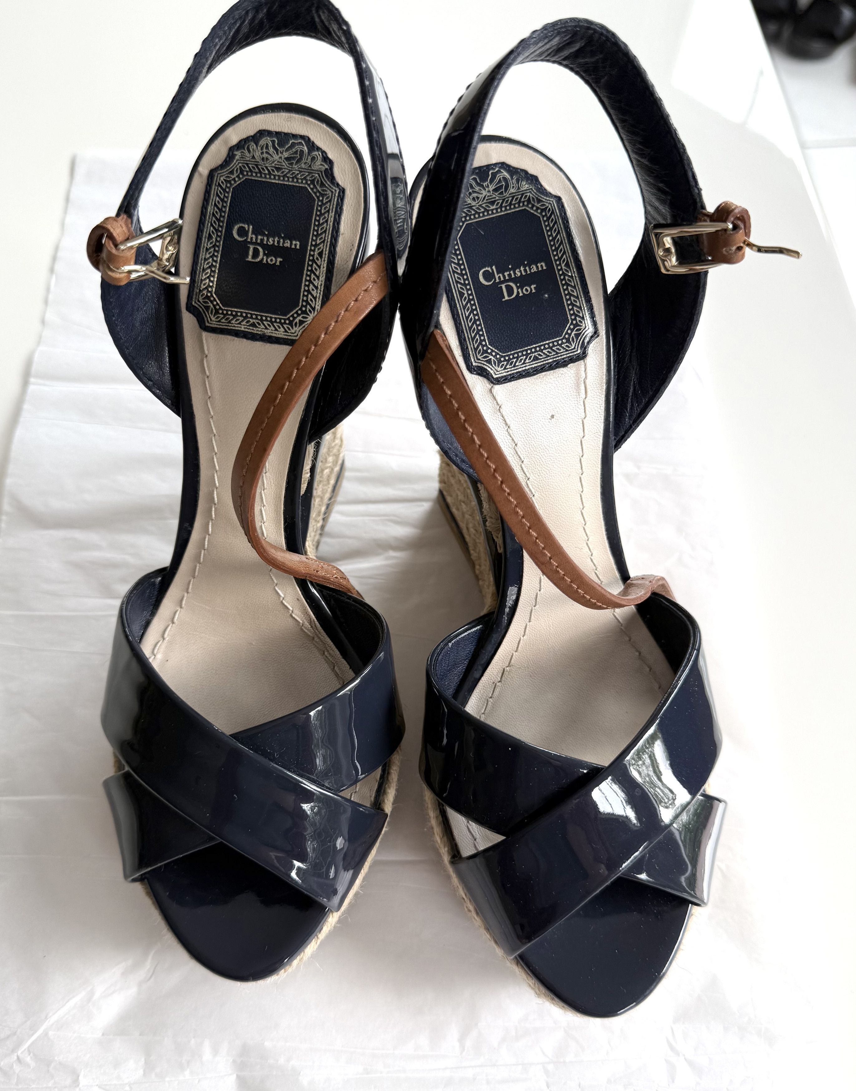 Christian Dior Monsieur Christian Dior Espadrille Wedge Sandals Navy Patent Leather Size US 7 / IT 37 - 2 Thumbnail