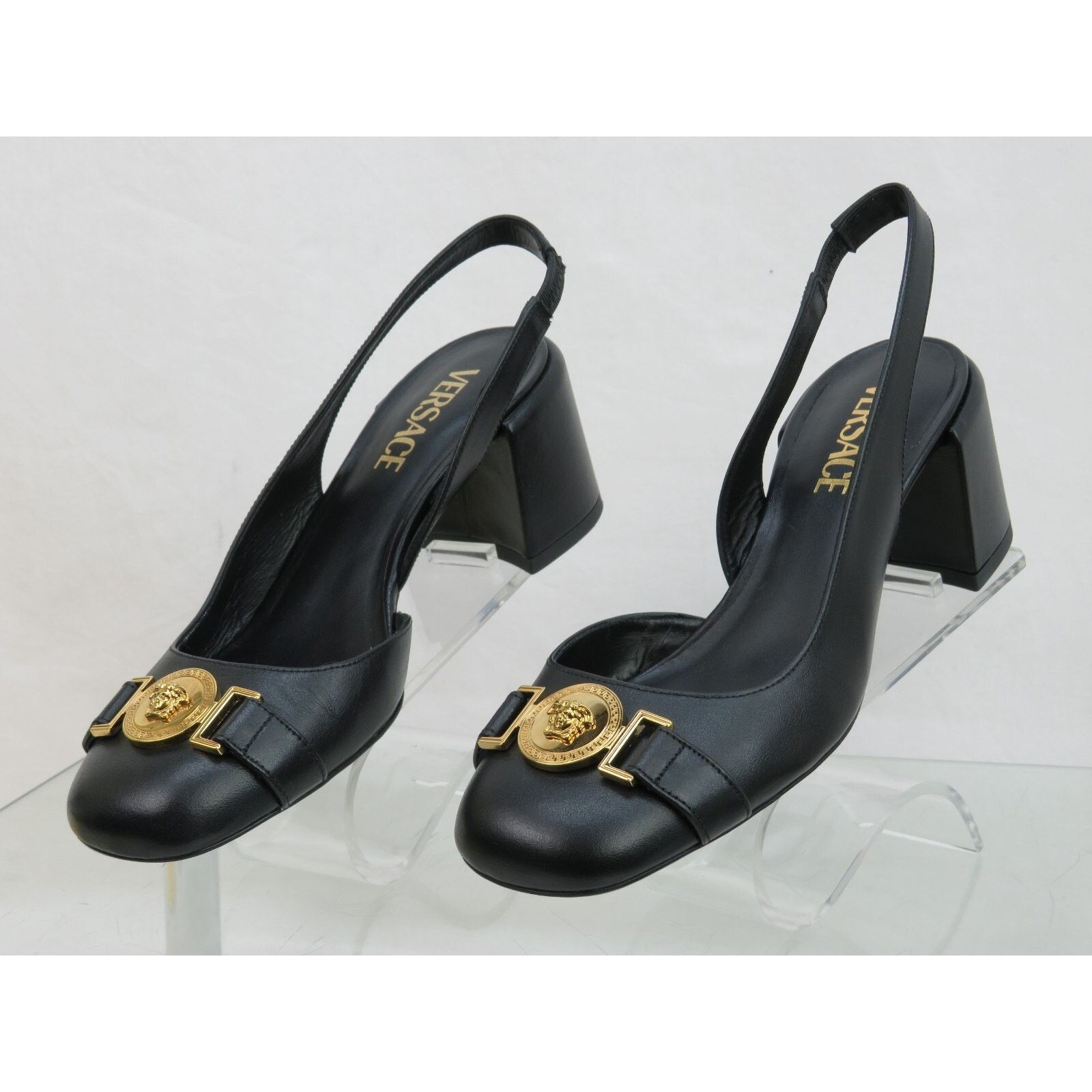 Versace VERSACE BLACK LEATHER GOLD MEDUSA SANDALS LOW HEEL PUMPS 40 Size US 10 / IT 40 - 8 Thumbnail