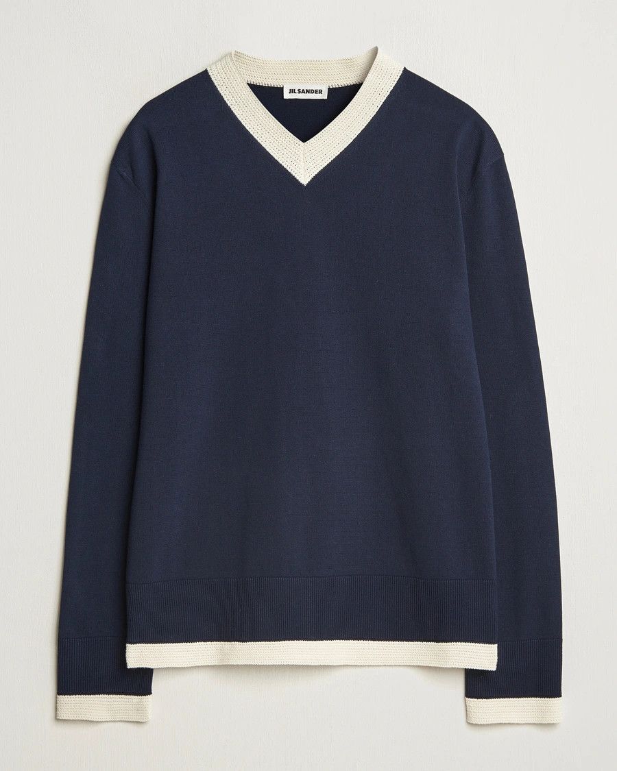 Jil Sander o1loc1c0426 Contrast Trim V-Neck Sweater in Navy Blue Size US M / EU 48-50 / 2 - 1 Thumbnail