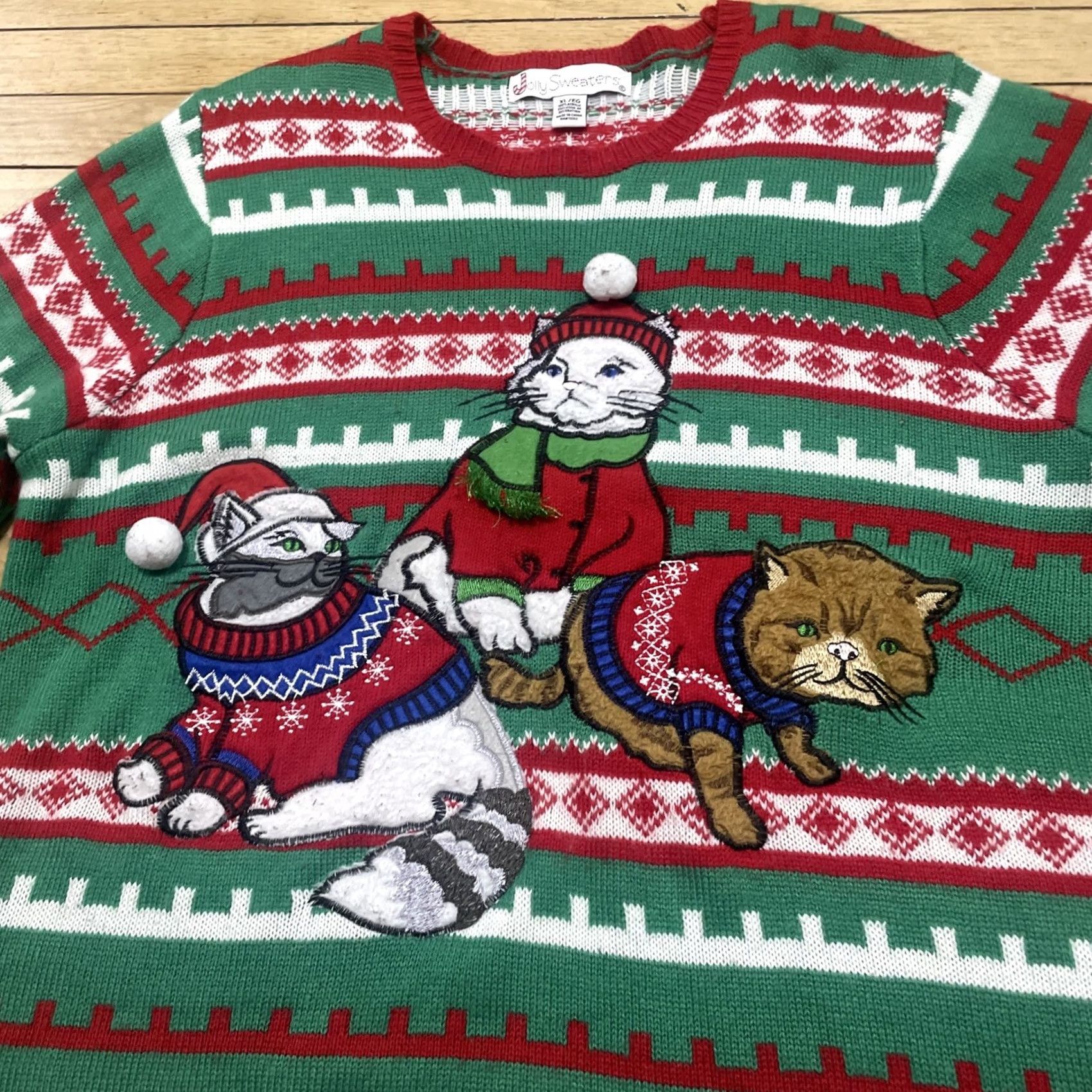 Vintage Jolly Sweaters Cat Christmas Sweater Men XL Red Green 3D Art Ugly Sweater Size US XL / EU 56 / 4 - 5 Thumbnail
