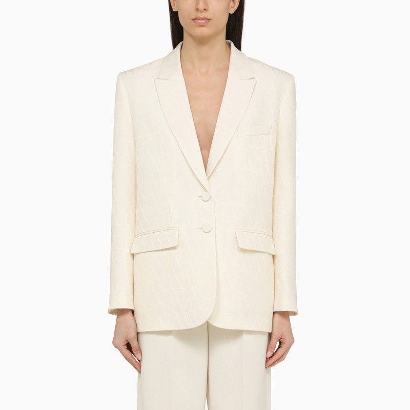 image of Valentino Ivory Single-Breasted Jacket In Wool And Silk in White, Women's (Size Small)