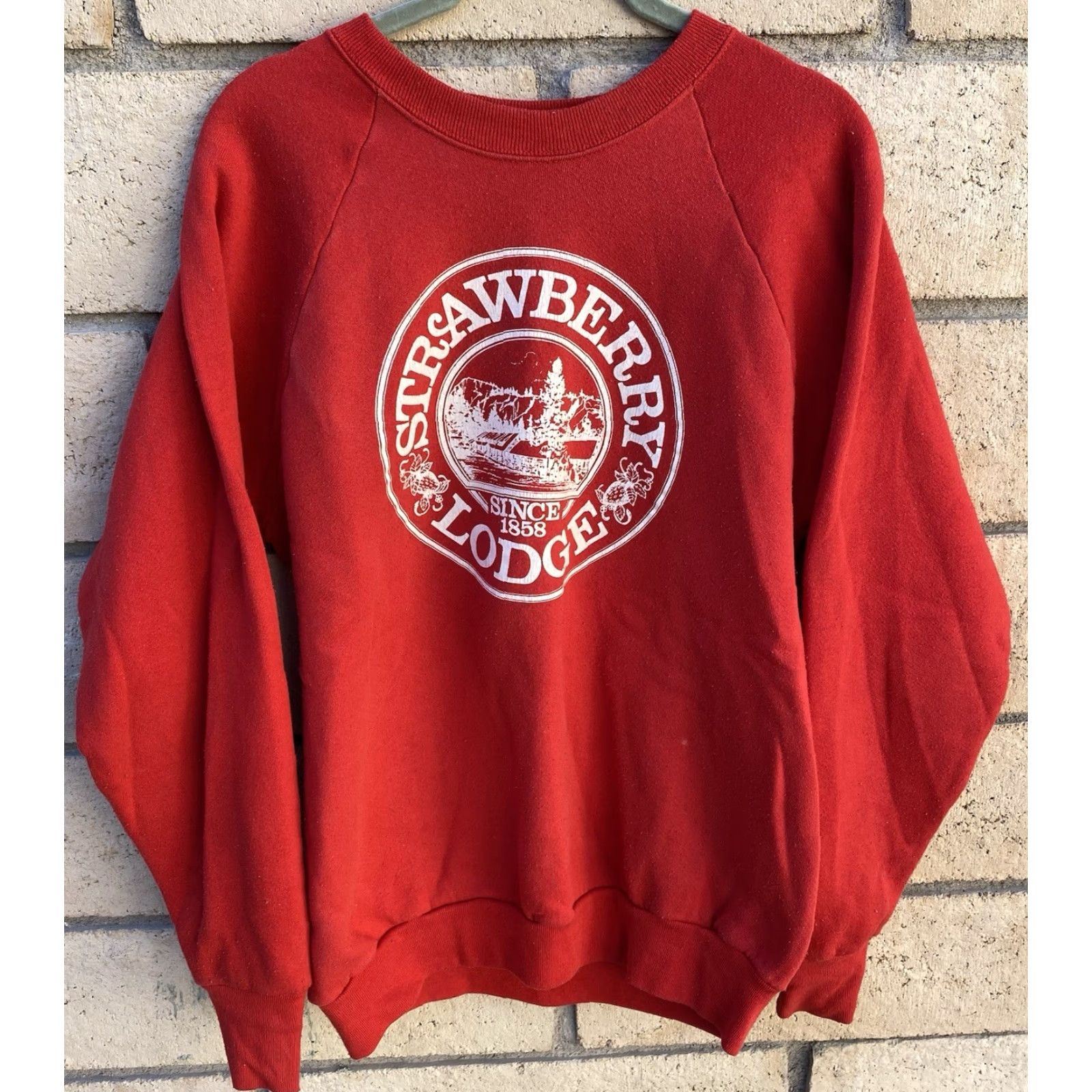 Fruit Of The Loom VINTAGE Fruit of the Loom Raglan Sweatshirt Graphic Print Red Strawberry Lodge Since 1858 L Men Shirt pullover Size US L / EU 52-54 / 3 - 2 Thumbnail