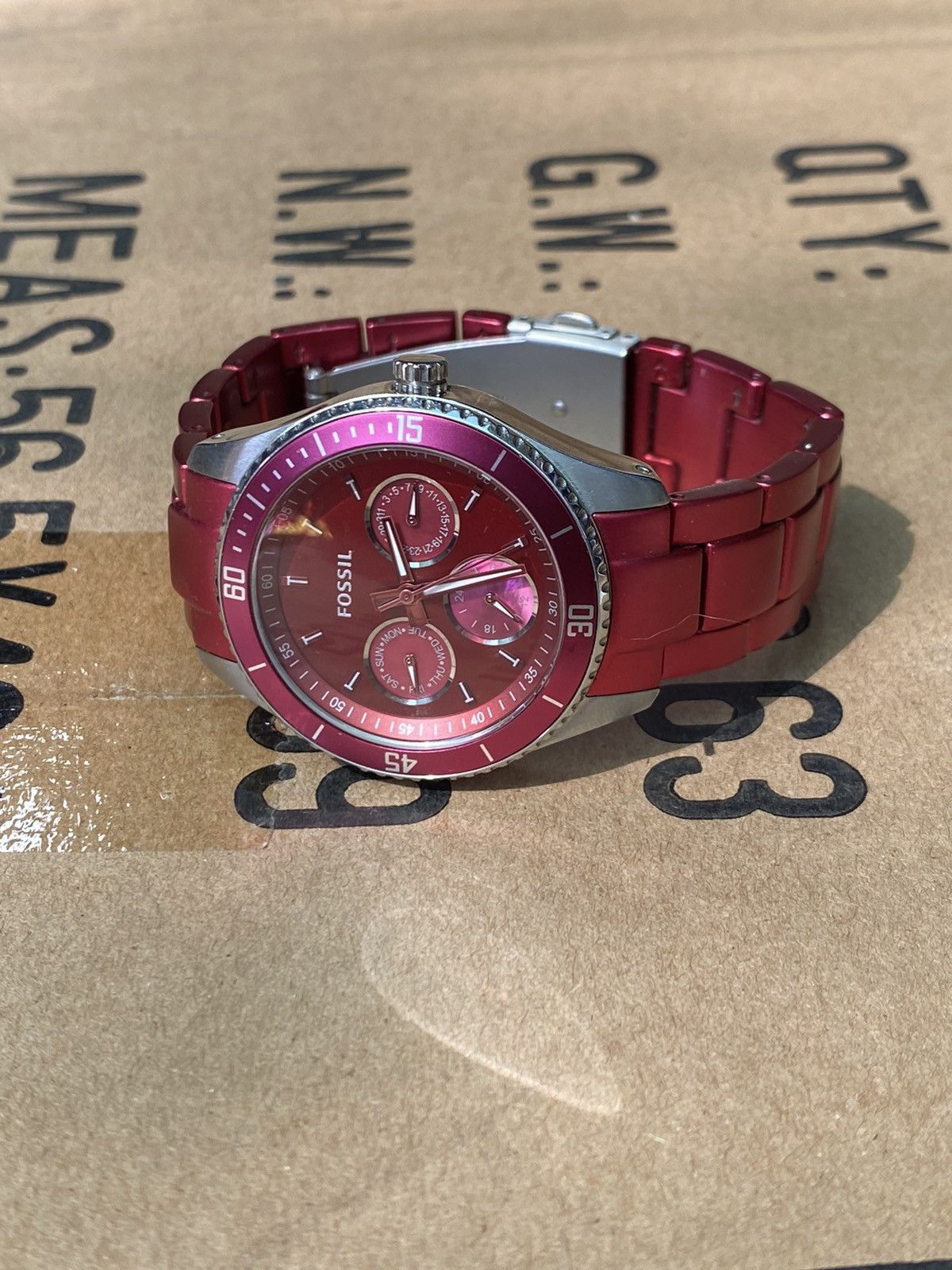 Fossil Fossil Chronograph Red Dial Watch with Metal Strap 38mm Size ONE SIZE - 1 Thumbnail