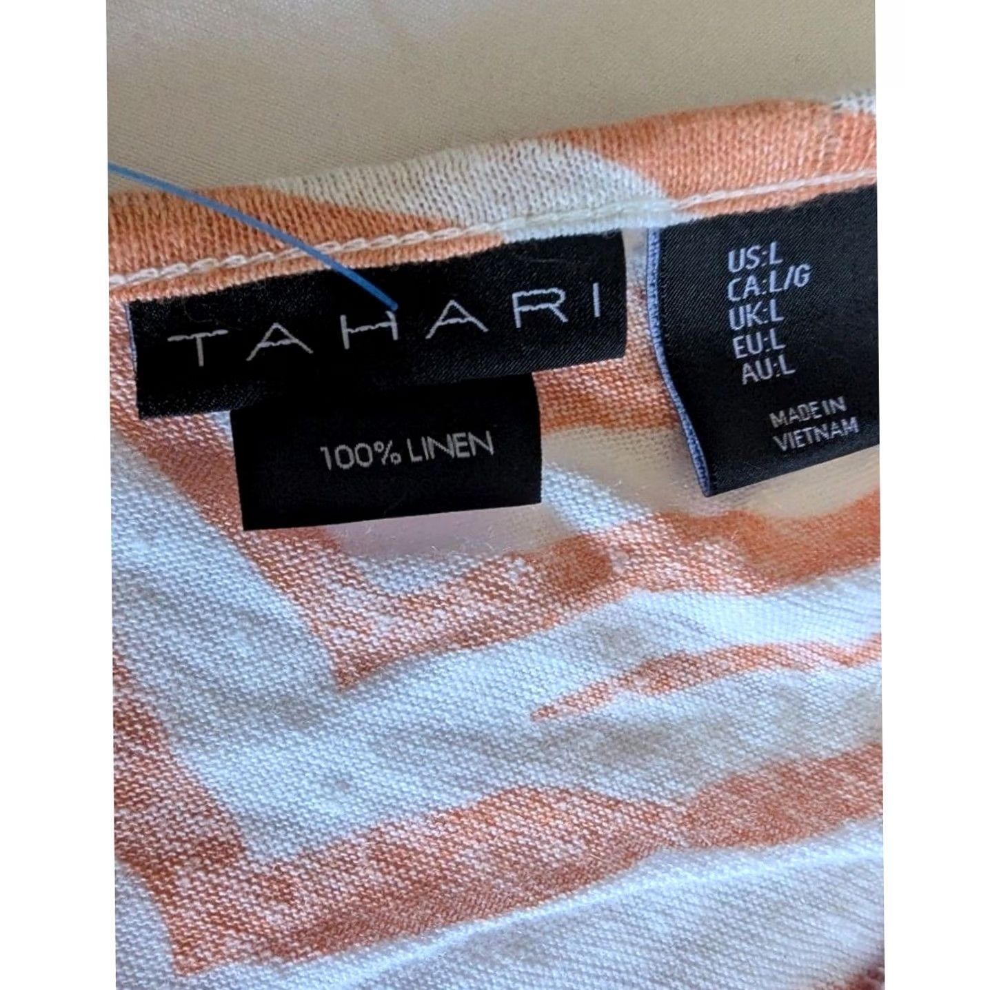 Vintage Tahari Blouse Zebra Linen Button Front V-Neck Dolman Short Sleeve Women's L Orange White Beachy Casual Summer Spring Catwalk Vintage No Size L / US 10 / IT 46 - 4 Thumbnail