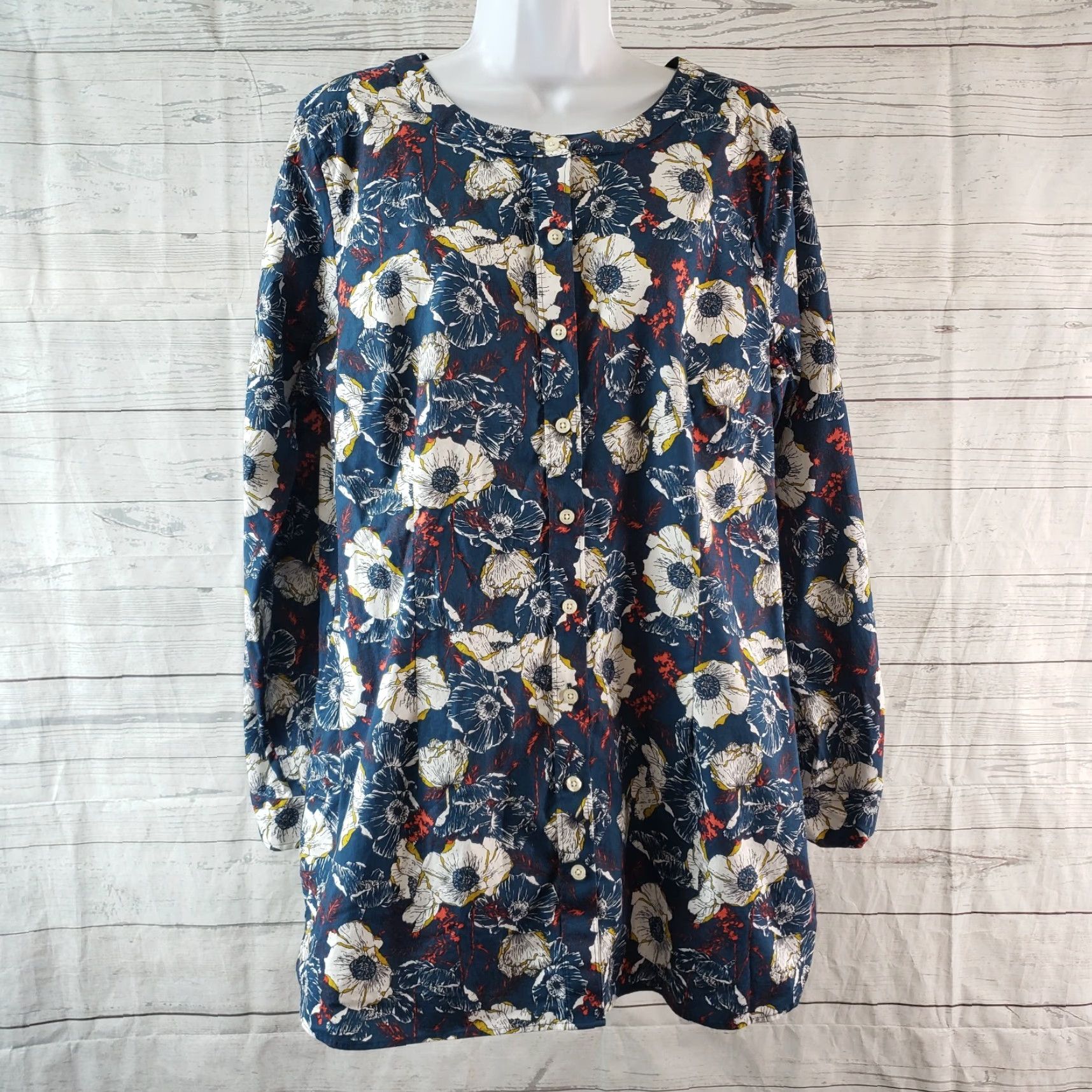 Vintage Duluth Womens Wrinklefighter Tunic Large Blue White Floral Button Front Shirt Size L / US 10 / IT 46 - 2 Thumbnail