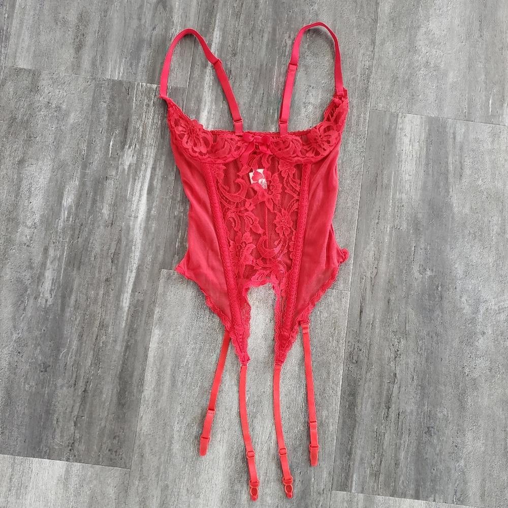 Designer Red Vintage Fredericks Lingerie Laced Bustier w/Garter Size ONE SIZE - 4 Thumbnail