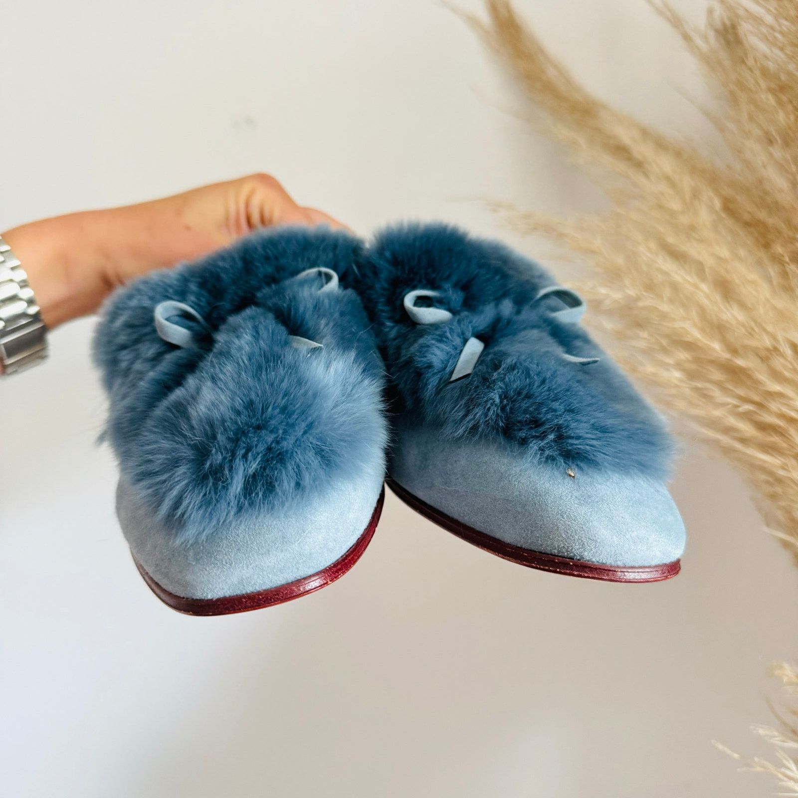 AD Blue Grey Rabbit Fur Flats Toe Bow Slides Mules Shoes 7.5