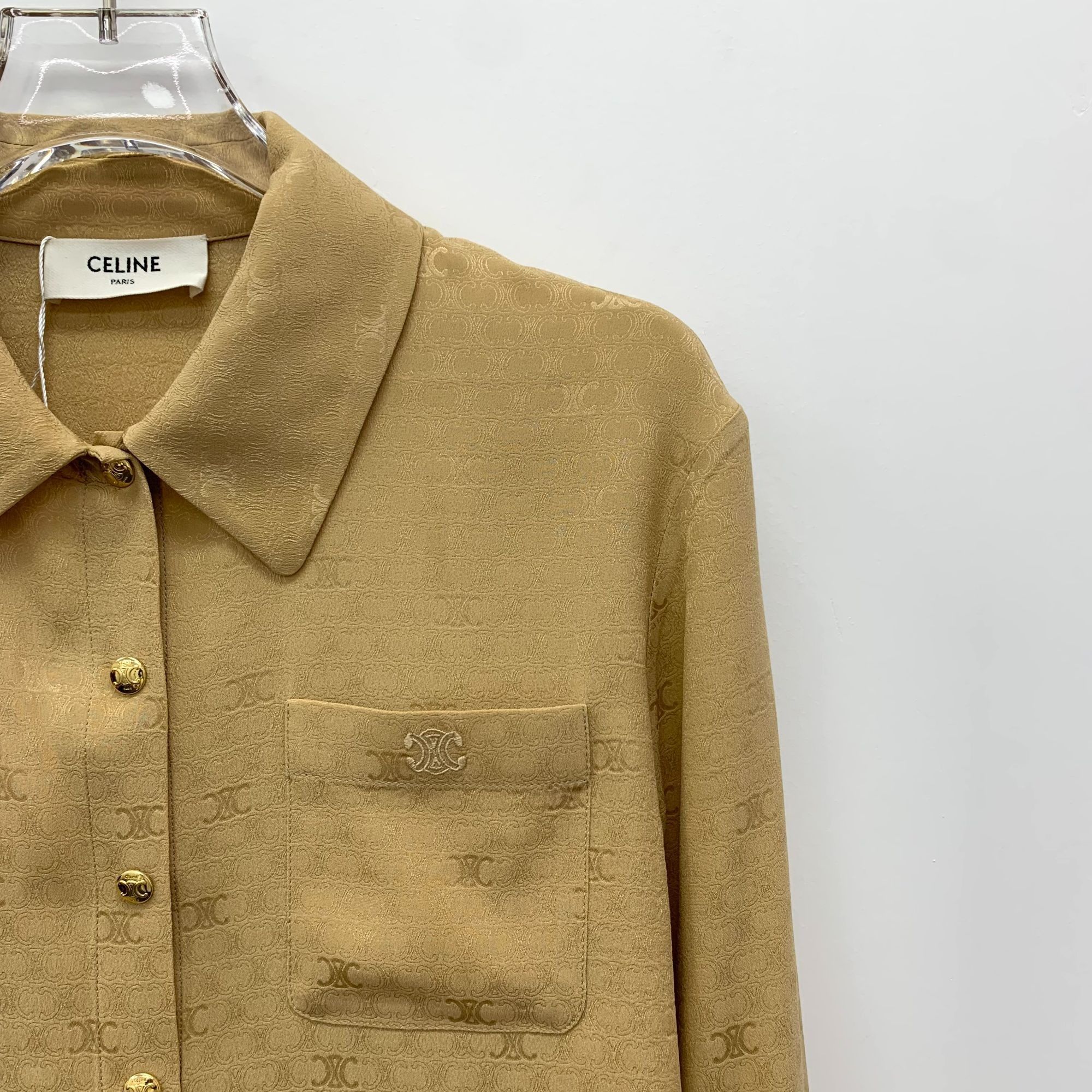 Celine Celine Brown Embossed Logo Silk Button-Up Shirt (Size XXS) Size XXS / US 00 / IT 34 - 7 Thumbnail