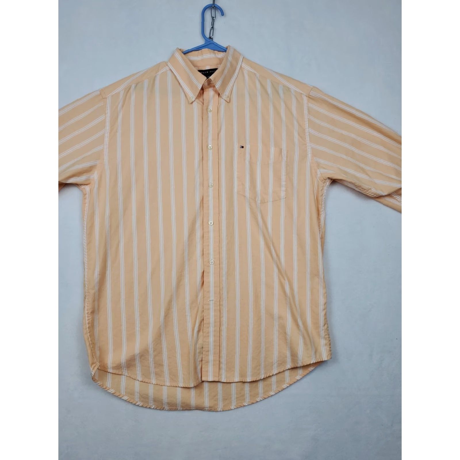 Tommy Hilfiger VINTAGE Tommy Hilfiger Shirt Mens L Orange Striped Long Sleeve Retro Dress Shirt Size 42R - 4 Thumbnail