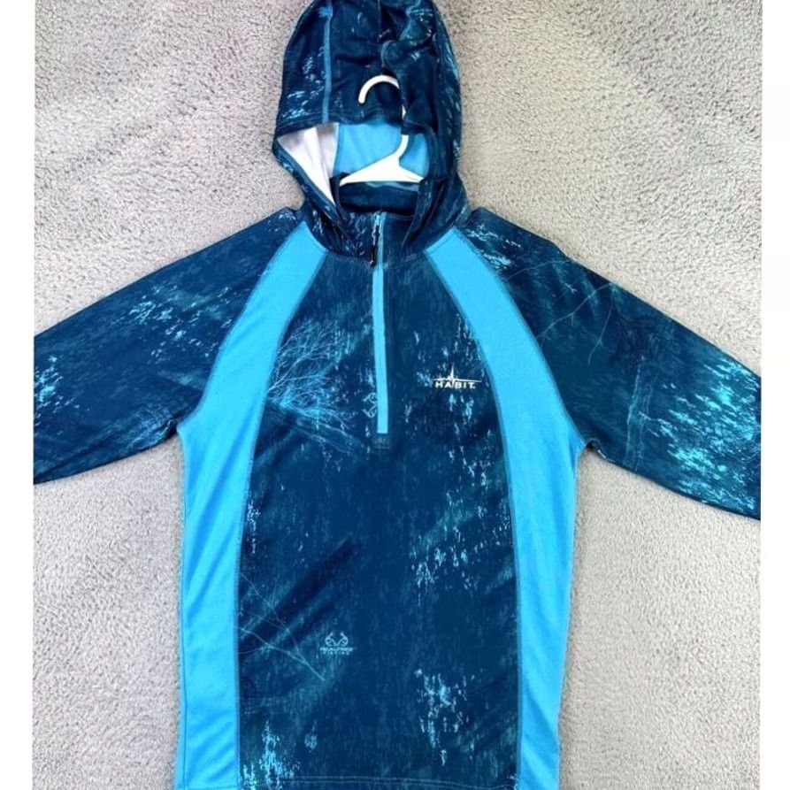 Habitat Habit Camo Hoodie Mens Small Blue Water Realtree Fishing Shirt Stretch Fisherman Shirt Size US S / EU 44-46 / 1 - 2 Thumbnail