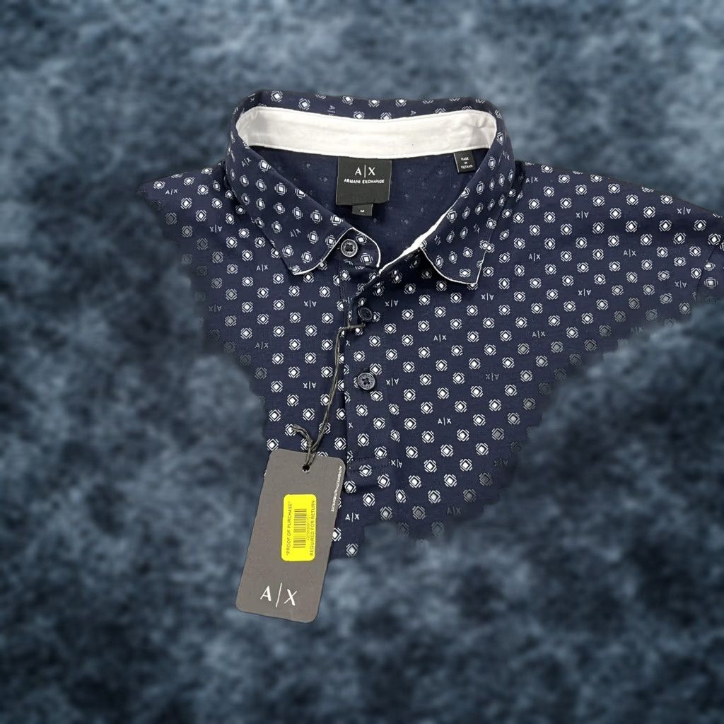 Armani Exchange Polo Shirt Mens Medium Blue Geometric Print Short Sleeve Shirt