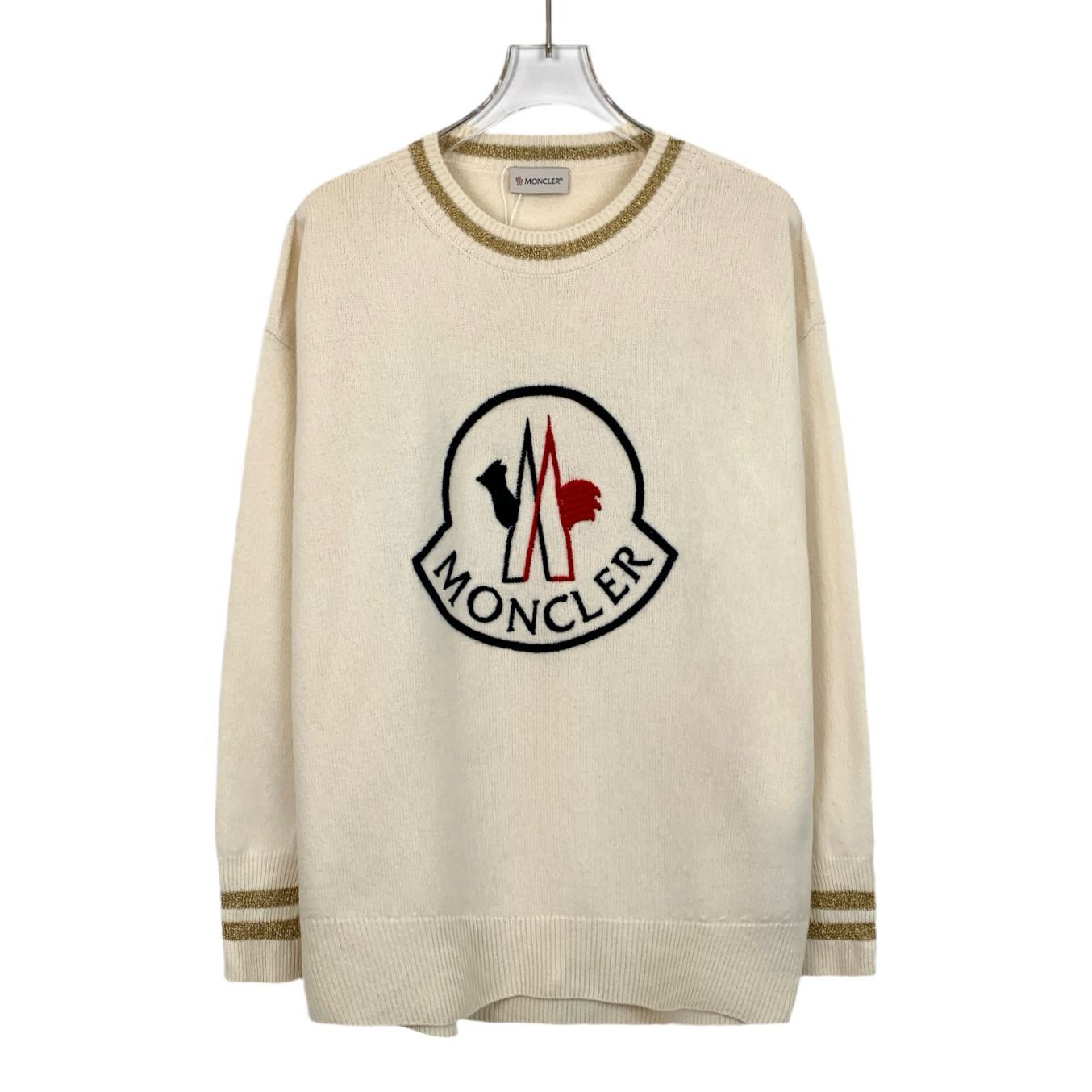 Moncler Moncler White Wool Crewneck Sweater With Gold Accents & Logo Size S / US 4 / IT 40 - 1 Thumbnail