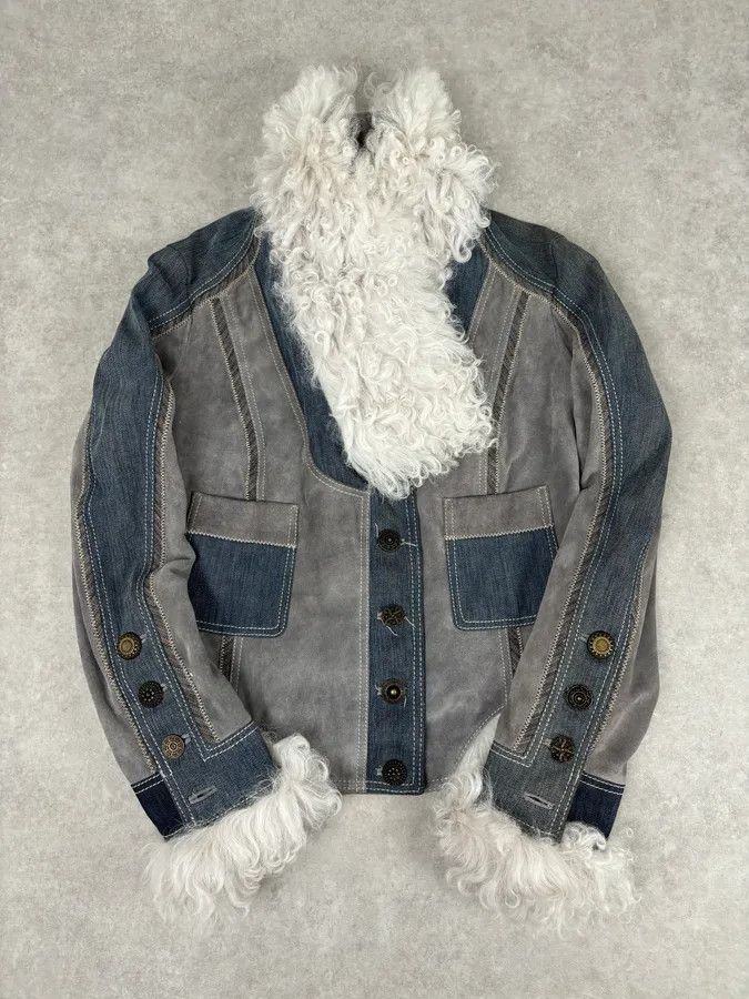 Roberto Cavalli AW2005 Cavalli Mongolian Fur Grey Leather & Blue Denim Jacket Size M / US 6-8 / IT 42-44 - 6 Thumbnail