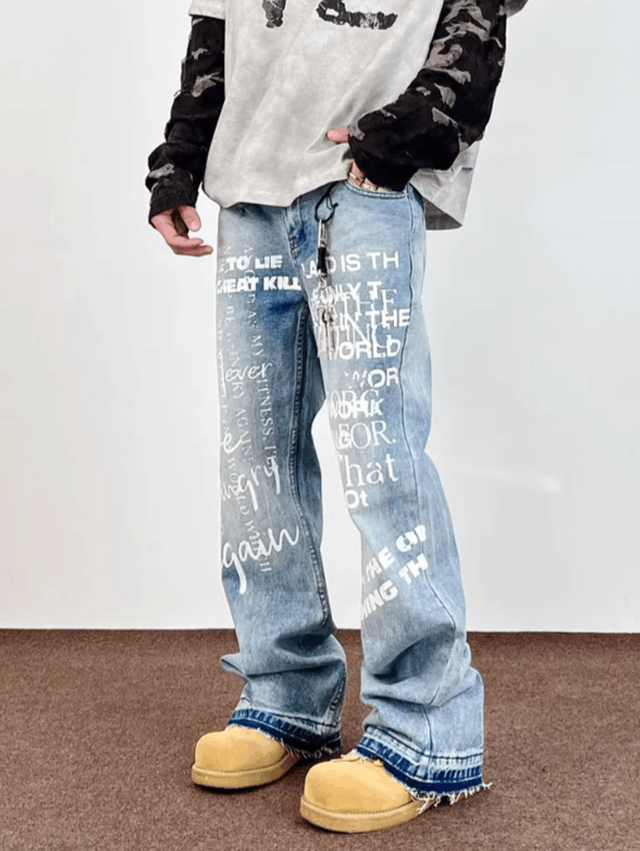 Japanese Brand Letter Printed Washed Blue Jeans Size US 32 / EU 48 - 3 Thumbnail