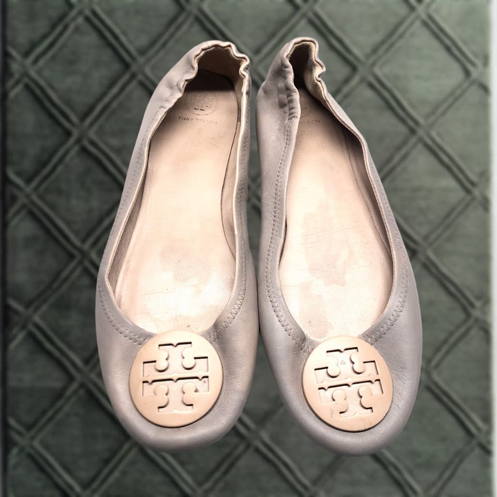 Tory Burch TORY BURCH Ballet Flats Taupe Tan Leather Logo Medallion Sz 10.5 M, Flat, Slip On, Leather Lined, Non-Slip, Reva, Women, 10.5, Vintage: No Size US 11 / IT 41 - 1 Thumbnail