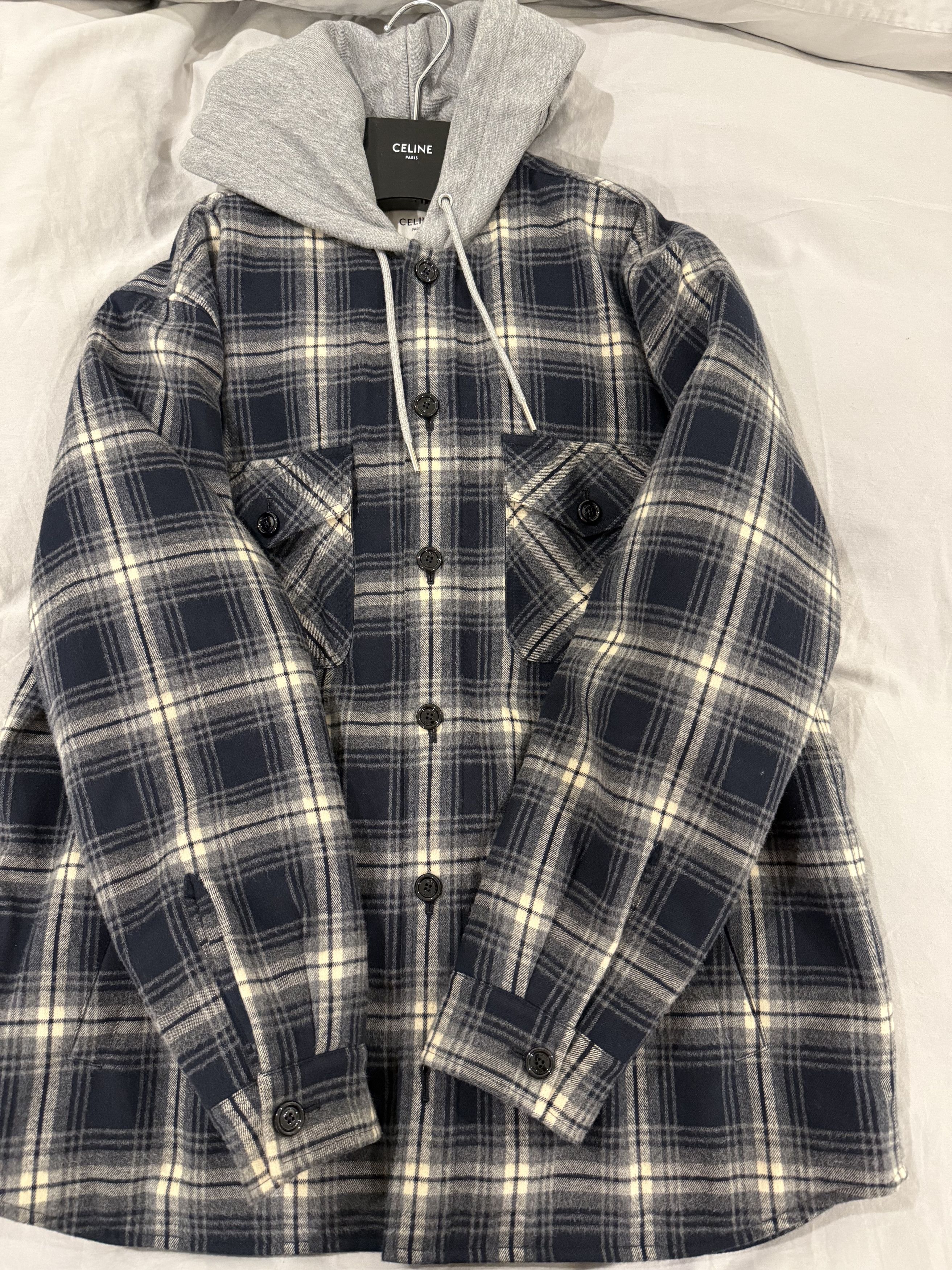 Celine Hooded Overshirt in checked cotton Navy | Grailed
