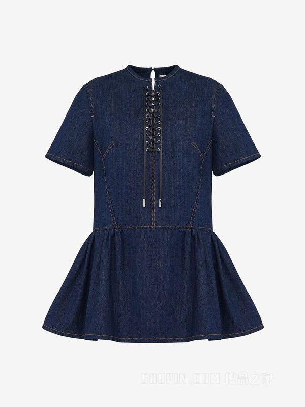 Alexander McQueen o1srvl11e0226 Lace Detail Denim Mini Dress In Blue Size M / US 6-8 / IT 42-44 - 1 Thumbnail