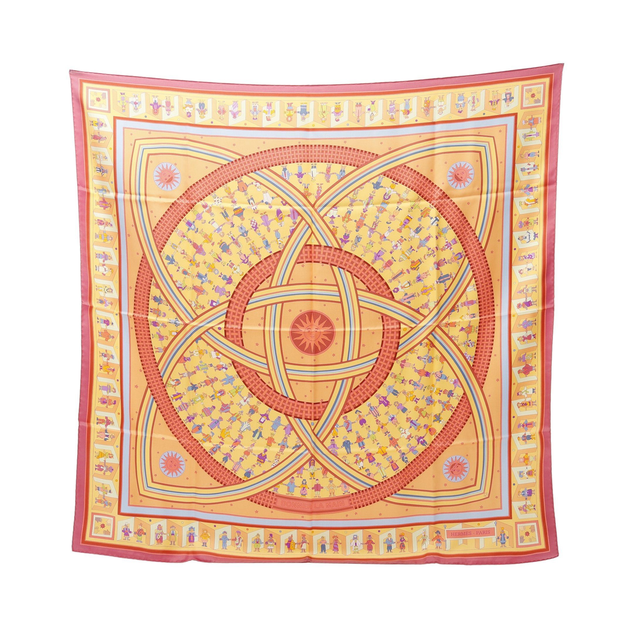 Hermes Carres 90 Donner La Main Scarf Silk Orange Multicolor