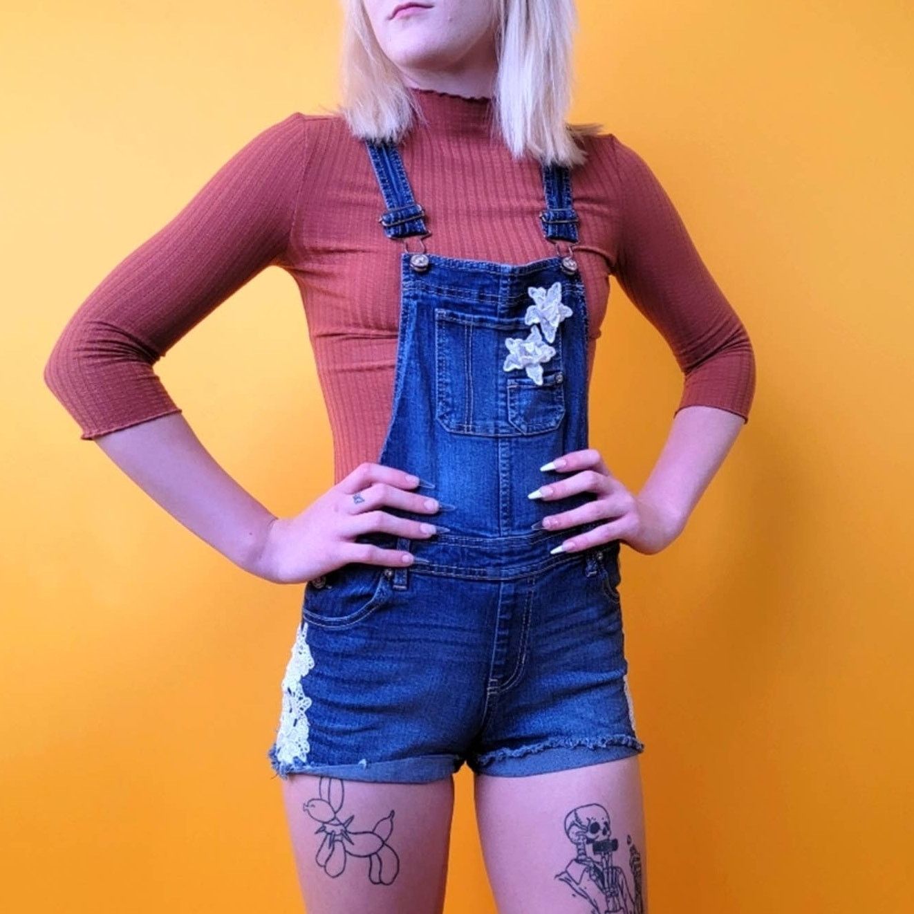 Jordache Denim and Lace Romper Jean Shortall Overalls Size 32" / US 10 / IT 46 - 1 Thumbnail